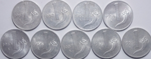 obverse: Repubblica Italiana.Lotto di 9 monete da 1 Lira dal 1951 al 1959, senza ripetizioni, mediamente BB+