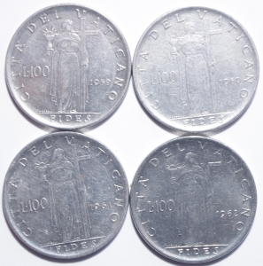 reverse: Lotti.Zecche Italiane.Vaticano.Lotto di 4 monete da 100 lire di Giovanni XXIII, ottime conservazioni.