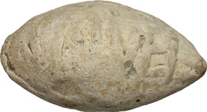 obverse: Lead slingshot with inscription.  Greek or Roman.  3 cm