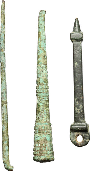 obverse: Lot of 3 bronze utensils.  Roman period, 1st-3rd century AD.  6.9 cm, 6 cm, 5.2 cm