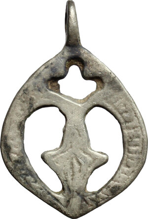 obverse: Silver pendant with floral pattern.  Medieval period, 10th-14th century.  25 mm