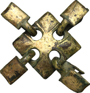obverse: Gilded bronze element of horse harness.  Medieval.  6 cm x 6 cm
