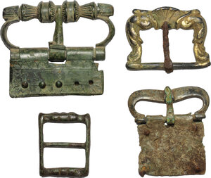 obverse: Lot of 4 bronze belt terminals.  Medieval.  6.2 cm, 4.6 cm, 4.4 cm, 3.5 cm