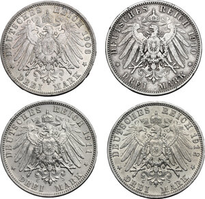 reverse: Germany. Bayern..  Otto (1886-1913).. Lot of 4 AR 3 Mark, 1908, 1910, 1911, 1912, Munich mint