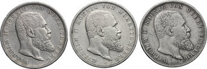 obverse: Germany. Wurttemberg.  Wilhelm II (1891-1918).. Lot of 3 AR 5 Mark, 1895, 1901, 1903, Stuttgart mint