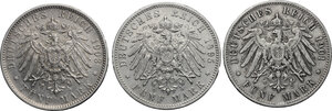reverse: Germany. Wurttemberg.  Wilhelm II (1891-1918).. Lot of 3 AR 5 Mark, 1895, 1901, 1903, Stuttgart mint
