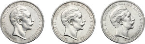 obverse: Germany.  Wilhelm II (1888-1918).. Series of 3 AR 3 Mark, 1910, 1911, 1912, Berlin mint