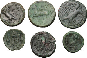 reverse: Sicily. Lot of 6 unclassified AE Denominations, 4th-3rd century BC,  including: Akragas, Leontini, Syracuse
