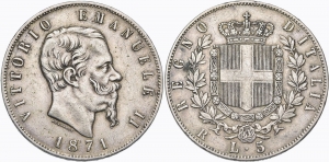 obverse: REGNO D’ITALIA Vittorio Emanuele II, 1861-1878. 5 Lire 1871 Roma. Ag Rara