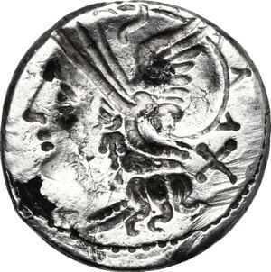 reverse: Uncertain (L. Saufeius?). Fourrée brockage denarius, mid 2nd century BC
