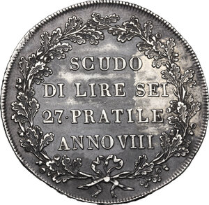 reverse: Milano.  Repubblica Cisalpina (II periodo: 1800-1802). Scudo da sei lire, A. VIII (1800)