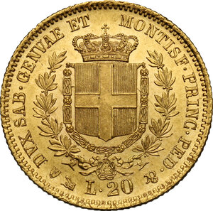 reverse: Regno di Sardegna.  Vittorio Emanuele II (1849-1861). 20 lire 1854 Genova