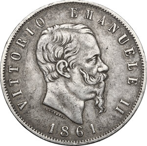obverse: Vittorio Emanuele II  (1861-1878). 5 lire 1861 Torino