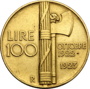 reverse: Vittorio Emanuele III (1900-1943). 100 lire 1923