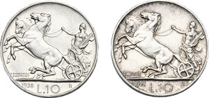reverse: Vittorio Emanuele III (1900-1943). Lotto di due (2) monete da 10 lire 1928: una e due rosette