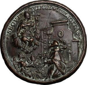 reverse: Vincenzo Maria Orsini (1649-1730), Arcivescovo di Benevento . Medaglia 1692 per la posa della prima pietra per la ricostruzione della Chiesa di San Domenico a Benevento