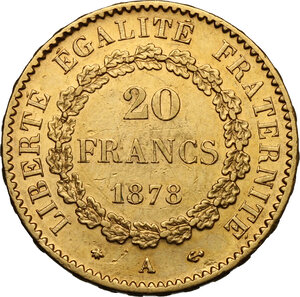 obverse: France.  Third republic (1871-1940).. 20 Francs 1878 A, Paris mint