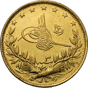 obverse: Turkey.  Mohammed V (1909-1918).. 100 Piasters, year 3, 1326 AH