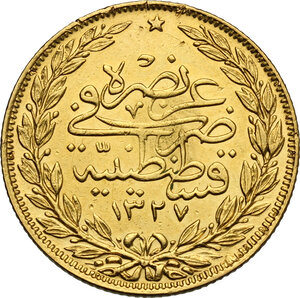 reverse: Turkey.  Mohammed V (1909-1918).. 100 Piasters, year 3, 1326 AH