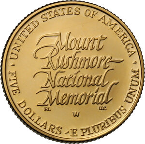 reverse: USA. 5 dollars 1991, 50th anniversary of Mt. Rashmore monument