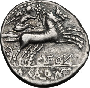 reverse: Cn. Fulvius, M. Calidius and Q. Metellus. AR Denarius, 117-116 BC