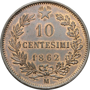 reverse: Vittorio Emanuele II, Re d Italia (1861-1878).. 10 centesimi 1862 Milano