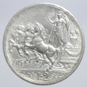 reverse: Casa Savoia. Vittorio Emanuele III. 2 Lire 1915 Quadriga Briosa. Peso 10 gr. Diametro 27 mm. Ag. SPL+.