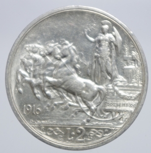 reverse: Casa Savoia. Vittorio Emanuele III. 2 Lire 1916 Quadriga Briosa. Peso 10 gr. Diametro 27 mm. Ag. SPL.