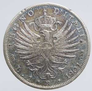 reverse: Casa Savoia. Vittorio Emanuele III. 1 Lira 1901. ar. Raro. Peso 4,99 g. Diametro 23,18 mm. BB.