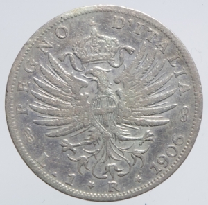 reverse: Casa Savoia. Vittorio Emanuele III. 1 Lira 1906 Ag. Roma. Pagani 766.qBB.