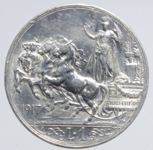 reverse: Casa Savoia. Vittorio Emanuele III. 1 lira 1917 quadriga briosa. Gig 139. Argento. SPL.