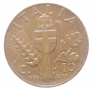 obverse: Casa Savoia. Vittorio Emanuele III. 1900-1943. 10 centesimi 1936  Impero . CU. Pag. 883. Mont. 348. qSPL. NC.