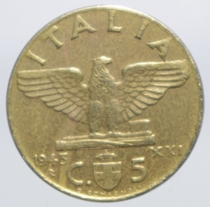 reverse: Casa Savoia . Regno di Italia. Vittorio Emanuele III (1900-1943). 5 centesimi 1943. Pag. 925. NC. AE. BB.
