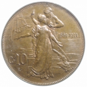 obverse: Casa Savoia. Vittorio Emanuele III. 10 Centesimi del Cinquantenario 1911. Pagani 863. peso 10,00 g. Diametro 30 mm.qFDC