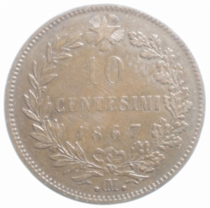 obverse: Casa Savoia. Vittorio Emanuele II. 10 Centesimi 1867. Strasburgo. Peso 9,80gr. Diametro 30 mm. BB.