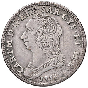 obverse: Savoia. Carlo Emanuele III (1730-1773). Nuova monetazione: 1755-1773. Quarto di scudo 1756 AG gr. 8,52. MIR 948b. BB