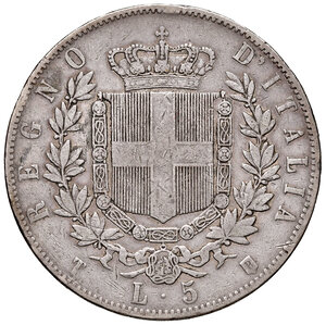 reverse: Savoia. Vittorio Emanuele II re d’Italia (1861-1878). Da 5 lire 1861 (Torino) AG. Pagani 482. Molto rara. q.BB 