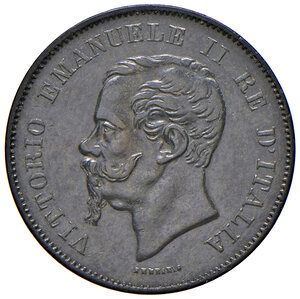obverse: Savoia. Vittorio Emanuele II re d’Italia (1861-1878). Da 5 centesimi 1861 (Bologna) CU. Pagani 551. Chimienti 1451.  Molto rara. BB-SPL 