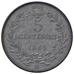 reverse: Savoia. Vittorio Emanuele II re d’Italia (1861-1878). Da 5 centesimi 1861 (Bologna) CU. Pagani 551. Chimienti 1451.  Molto rara. BB-SPL 