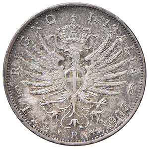 reverse: Savoia. Vittorio Emanuele III re d’Italia (1900-1946). Lira 1906 AG. Pagani 766.  Patina di medagliere, q.FDC 