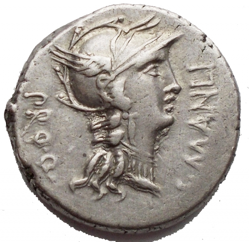 obverse: Repubblica Romana -L. Cornelius Sulla Imperator con L. Manlius Torquatus Proquaestor.Denario, zecca itinerante con Silla ca 82.D/ Testa elmata di Roma a destra; davanti L.MANLI, dietro PRO. Q.R/ Trionfatore, coronato da Vittoria in volo a sinistra, su quadriga a destra; tiene le redini ed un caduceo. In esergo, L.SVLLA.IMP.B. Manlia 4 e Cornelia 42. Syd. 757. Cr. 367/5.AG.g 4,01.mm 17,16.BB - qSPL
