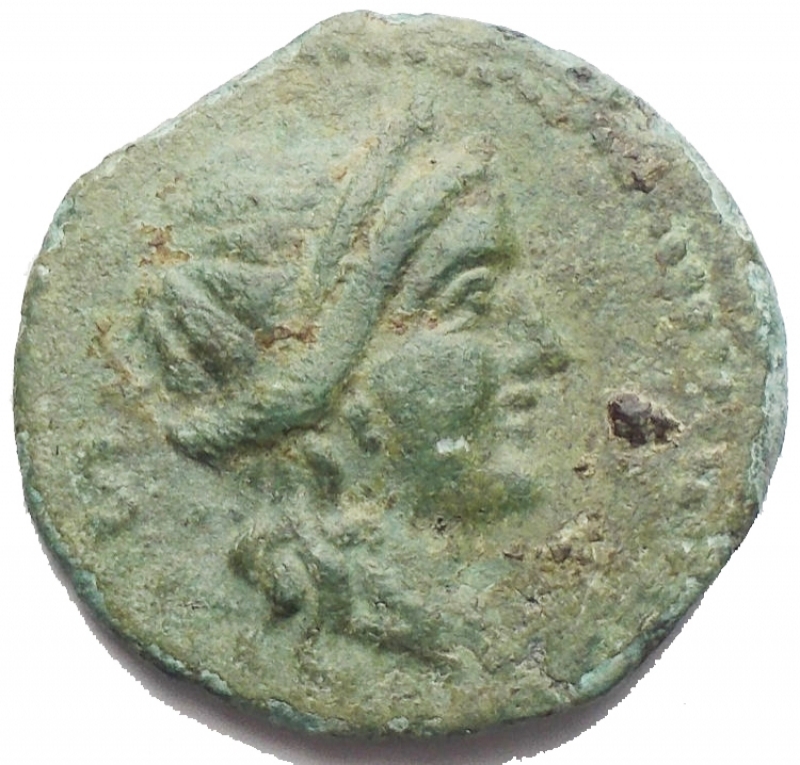 obverse: Mondo Greco - Bruttium. Vibo Valentia (Hipponion)ca. 193-150 BC.  Semis (18,83 mm. 3,5) d/Diademed head of Juno right, S (mark of value) behind r/ Double cornucopia, carnyx and S (mark of value) to right. HN Italy 2263; SNG ANS 483. aEF.Beautiful emerald green patina