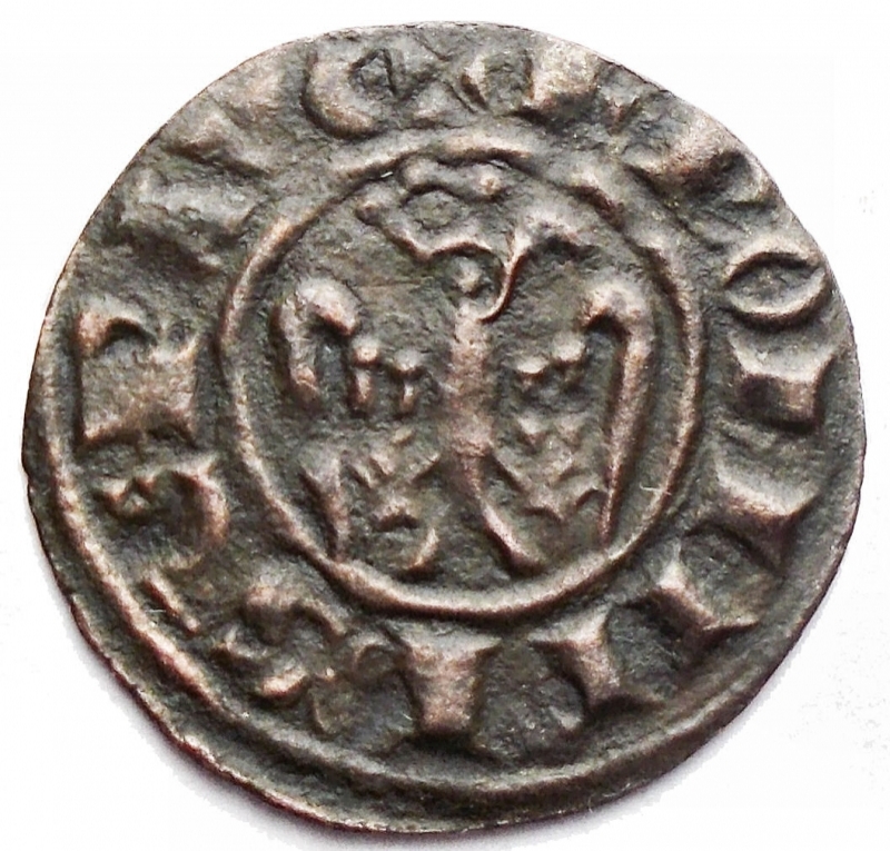 obverse: Zecche Italiane - Messina. Federico II Imperatore 1220-1250. Denaro con aquila coronata a ds r/ Croce. gr 0,52. mm 16,51. BB-qSpl.


