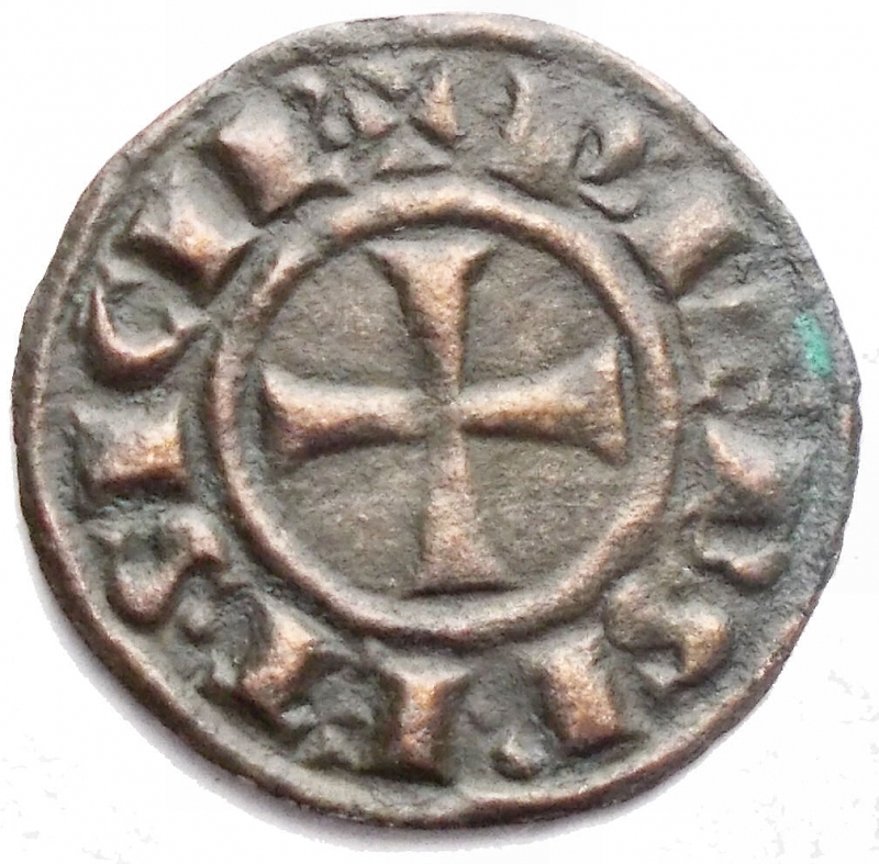 reverse: Zecche Italiane - Messina. Federico II Imperatore 1220-1250. Denaro con aquila coronata a ds r/ Croce. gr 0,52. mm 16,51. BB-qSpl.


