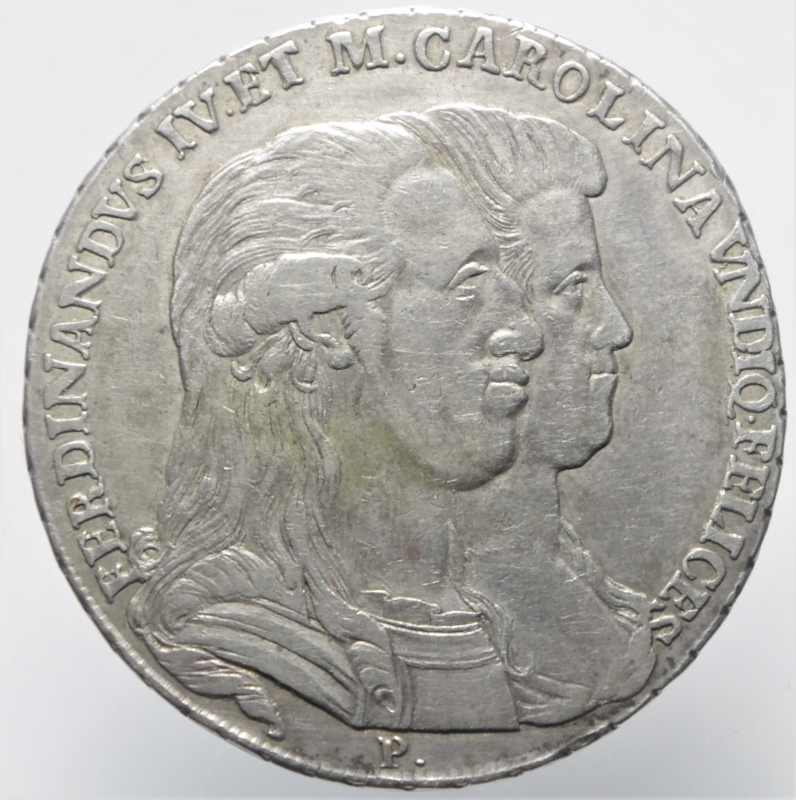 obverse: Zecche Italiane. Napoli. Ferdinando IV. 1759-1816. Piastra 1772. Ar. FERDINANDVS REX MARIA CAROLINA REGINA NEAP MDCCLXXII. FECVNDITAS. Peso 25,30 gr. Diametro 40,93 mm. BB+. RR.