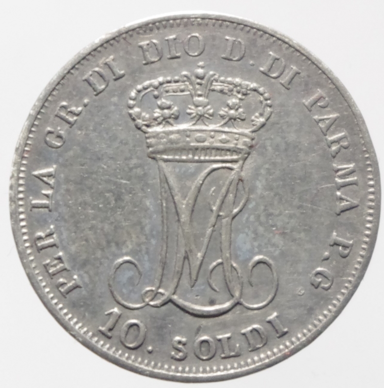 reverse: Zecche Italiane. Parma. Maria Luigia d Austria. Duchessa di Parma, Piacenza e Guastalla. 10 soldi 1815. Ag. BB\SPL