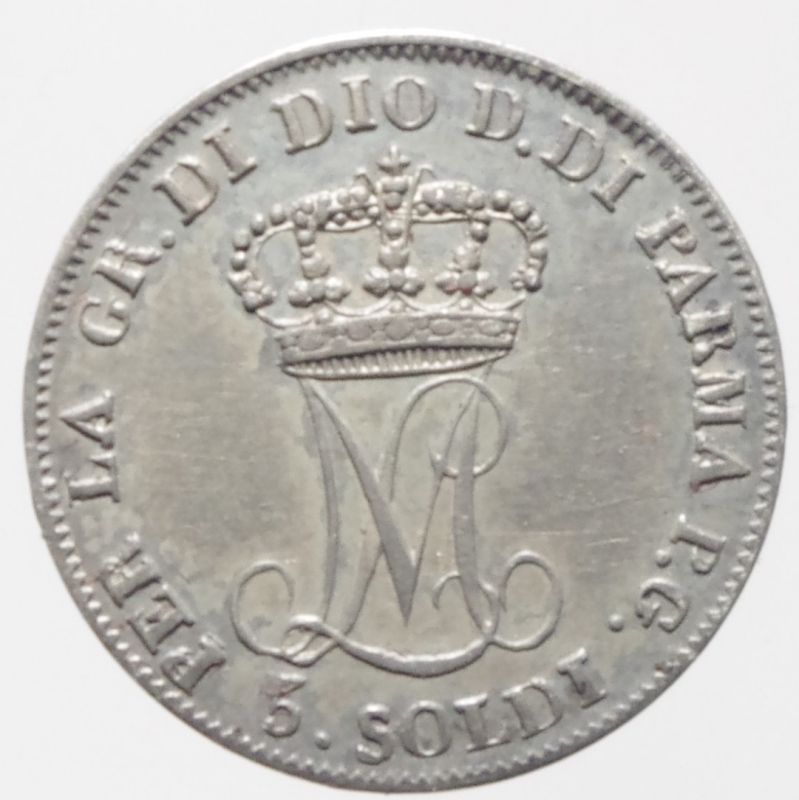 reverse: Zecche Italiane.Parma. Maria Luigia (1815-1847). 5 soldi 1815. Pag. 12. Mont. 122. AG. mm. 15.50 BB+\SPL.