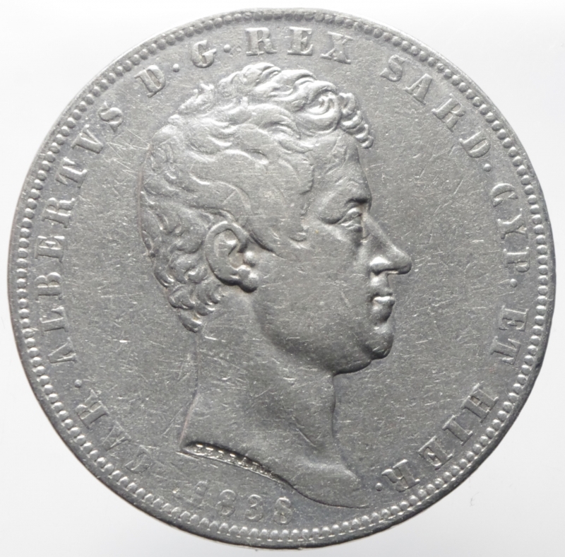 obverse: Casa Savoia.Carlo Alberto.5 Lire 1838.Ag.Genova.Peso 24,85 gr,Diametro 37 mm.BB