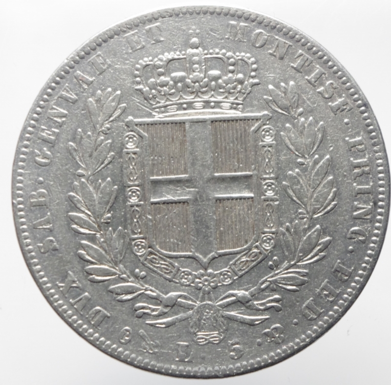 reverse: Casa Savoia.Carlo Alberto.5 Lire 1838.Ag.Genova.Peso 24,85 gr,Diametro 37 mm.BB