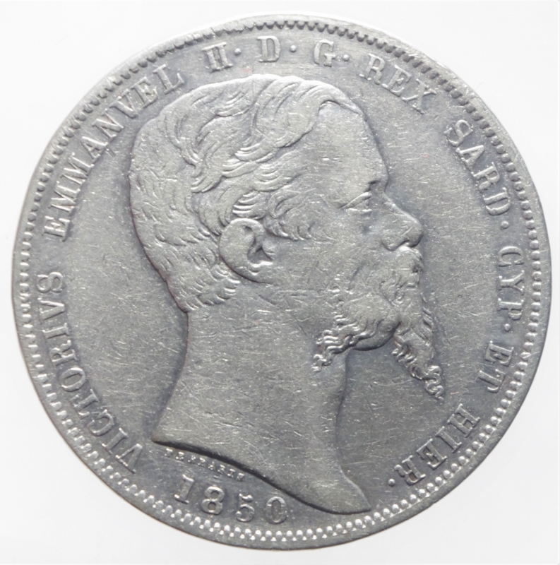 obverse: Casa Savoia.Regno di Sardegna. Vittorio Emanuele II (1849-1861). 5 lire 1850 Genova. Pag. 370. Mont. 41. AG. R. BB.